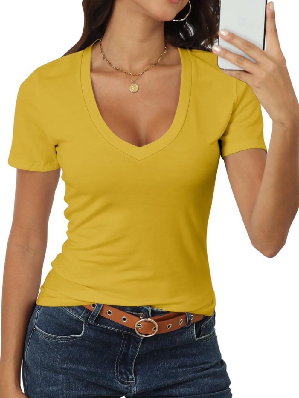 Women Short Sleeve Deep V Neck Tops Shirts Fitted Cotton Summer Tshirt Tee